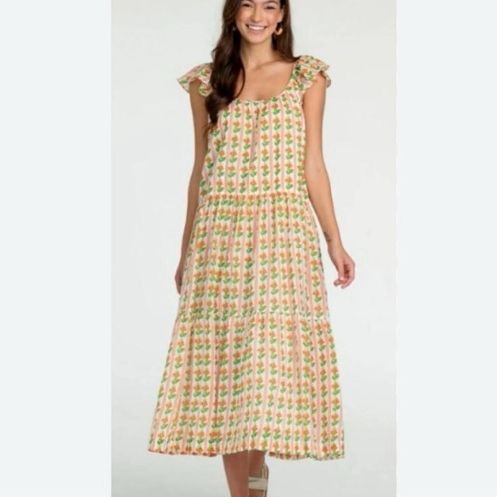 Olivia James Milly Tiered Midi Dress in Floral Melon Women's Size Medium